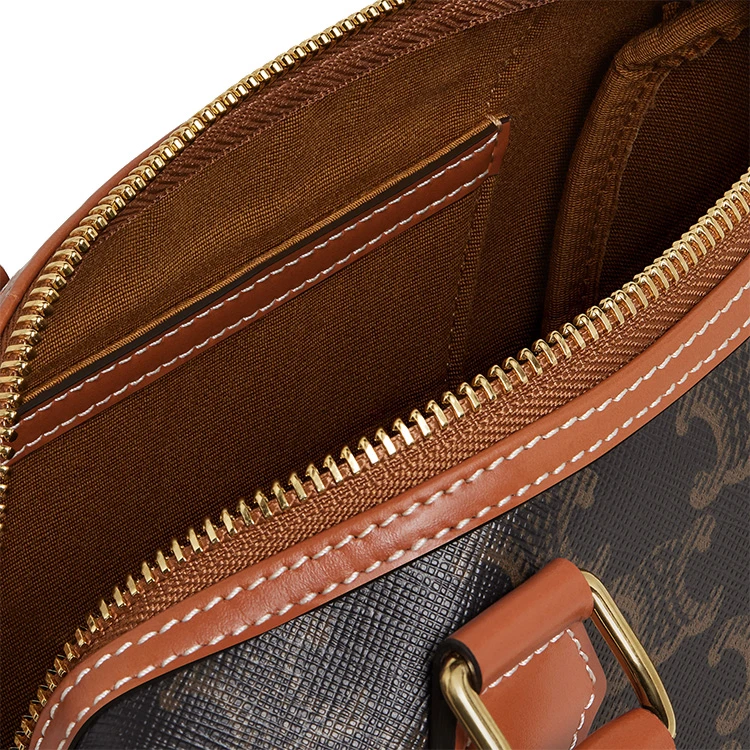 商品[国内直发] Celine|赛琳 Triomphe 经典凯旋门老花满印可调节肩带 帆布拼牛皮革 波士顿包单肩斜挎手提包 小号 女款 棕褐色,价格¥12243,第8张图片详细描述