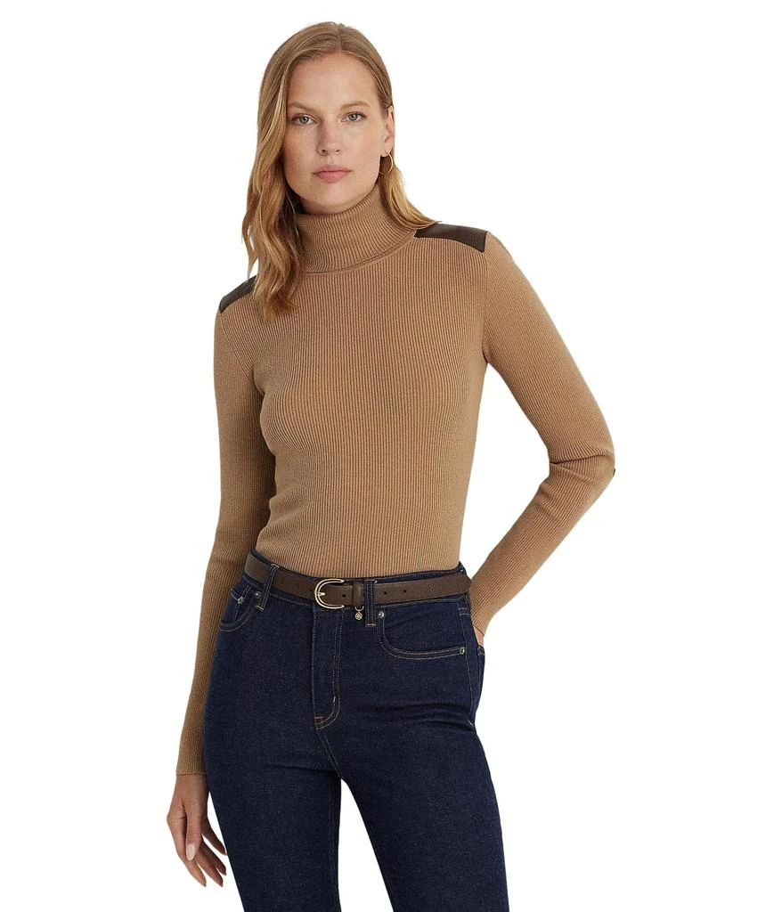 商品Ralph Lauren|Petite Faux Leather Trim Ribbed Turtleneck,价格¥700,第1张图片