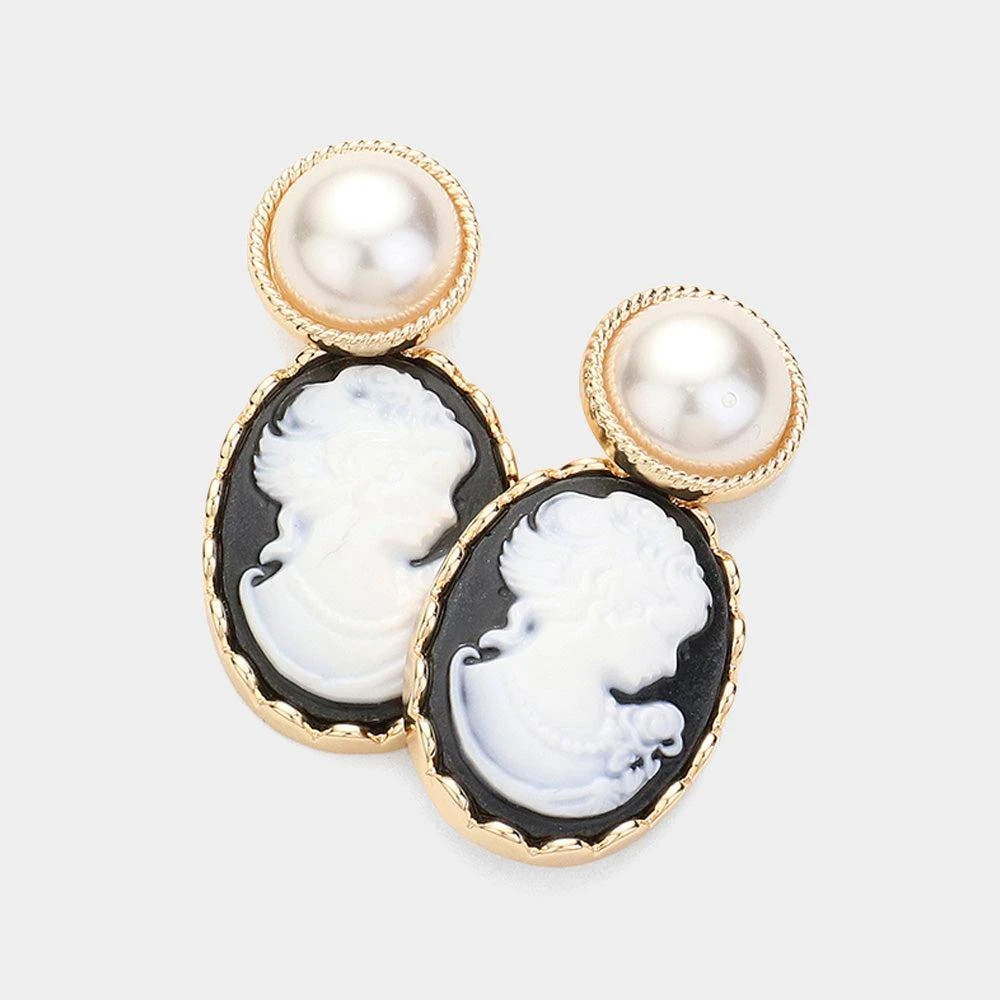 商品FASHNZFAB|Pearl Pointed Cameo Dangle Earrings - Black,价格¥195,第1张图片详细描述