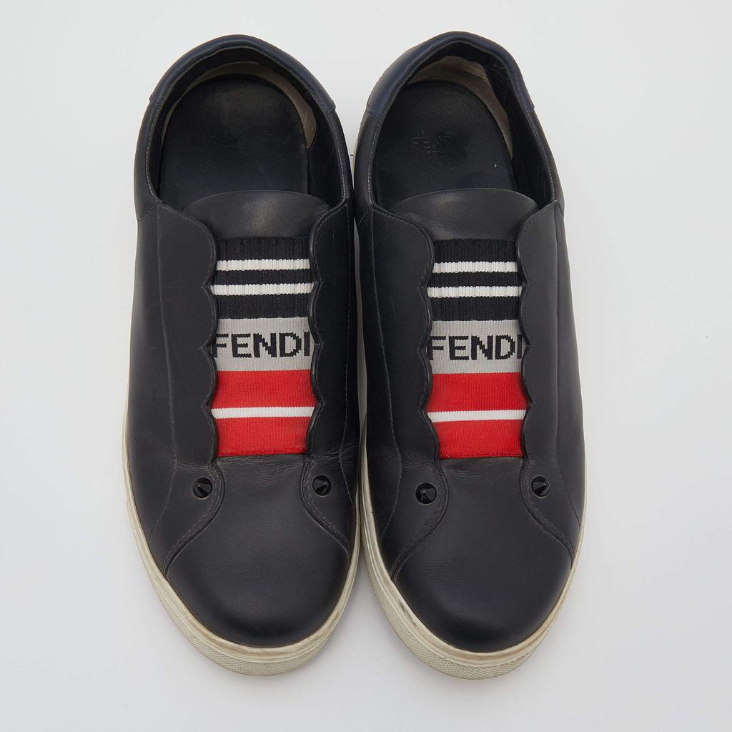 Fendi Black Leather And Logo Knit Fabric Scallop Detail Slip On Sneakers Size 40商品第3张图片规格展示