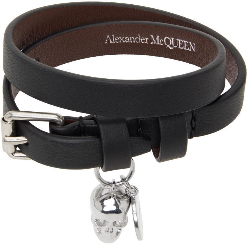 商品Alexander McQueen|Black Double Wrap Skull Leather Bracelet,价格¥1432,第1张图片
