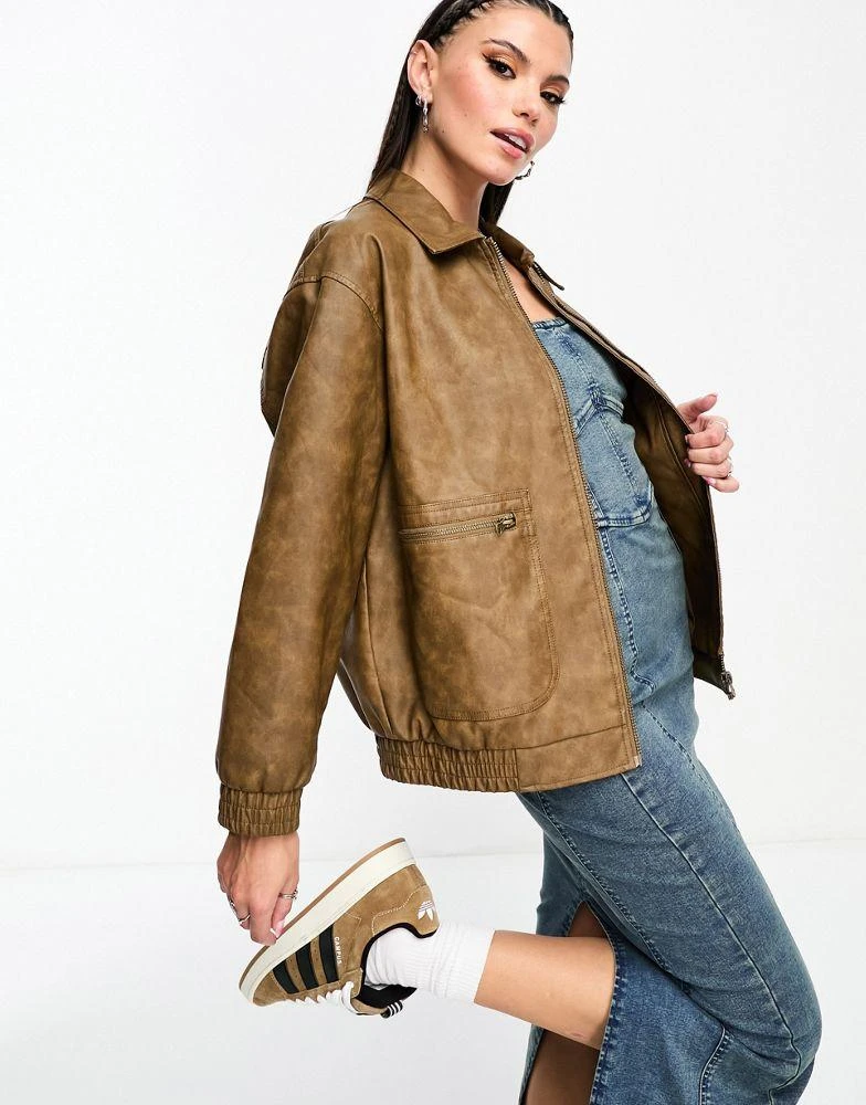 商品Stradivarius|Stradivarius STR faux leather vintage oversized biker jacket in washed tan,价格¥366,第1张图片