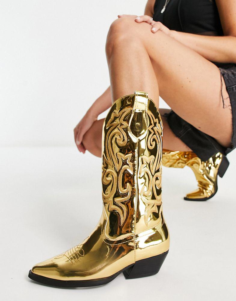 ASOS DESIGN Andi flat western boots in gold mirror商品第1张图片规格展示
