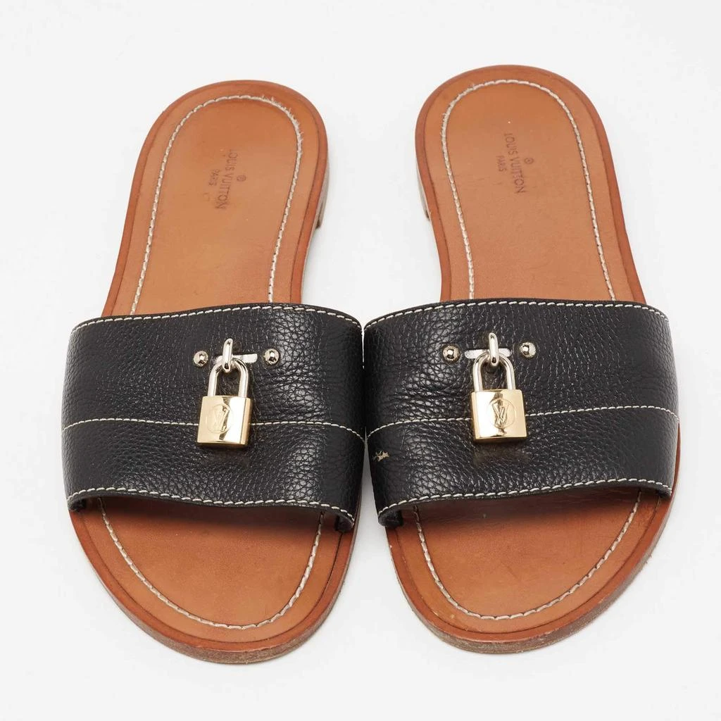 商品[二手商品] Louis Vuitton|Louis Vuitton Black Leather Lock it  Flat Slides Size 40,价格¥4108,第3张图片详细描述