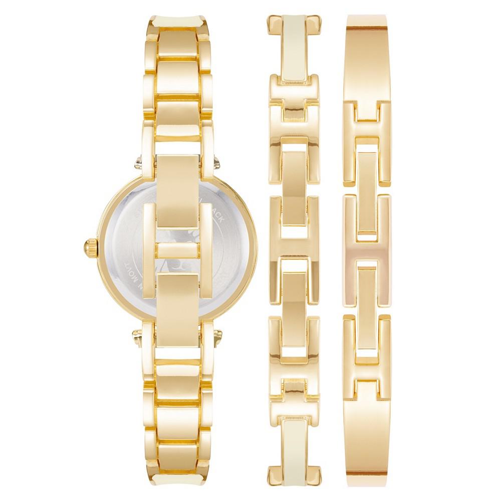 Women's Gold-Tone Alloy Bangle with White Enamel and Crystal Accents Fashion Watch 33mm Set 3 Pieces商品第3张图片规格展示