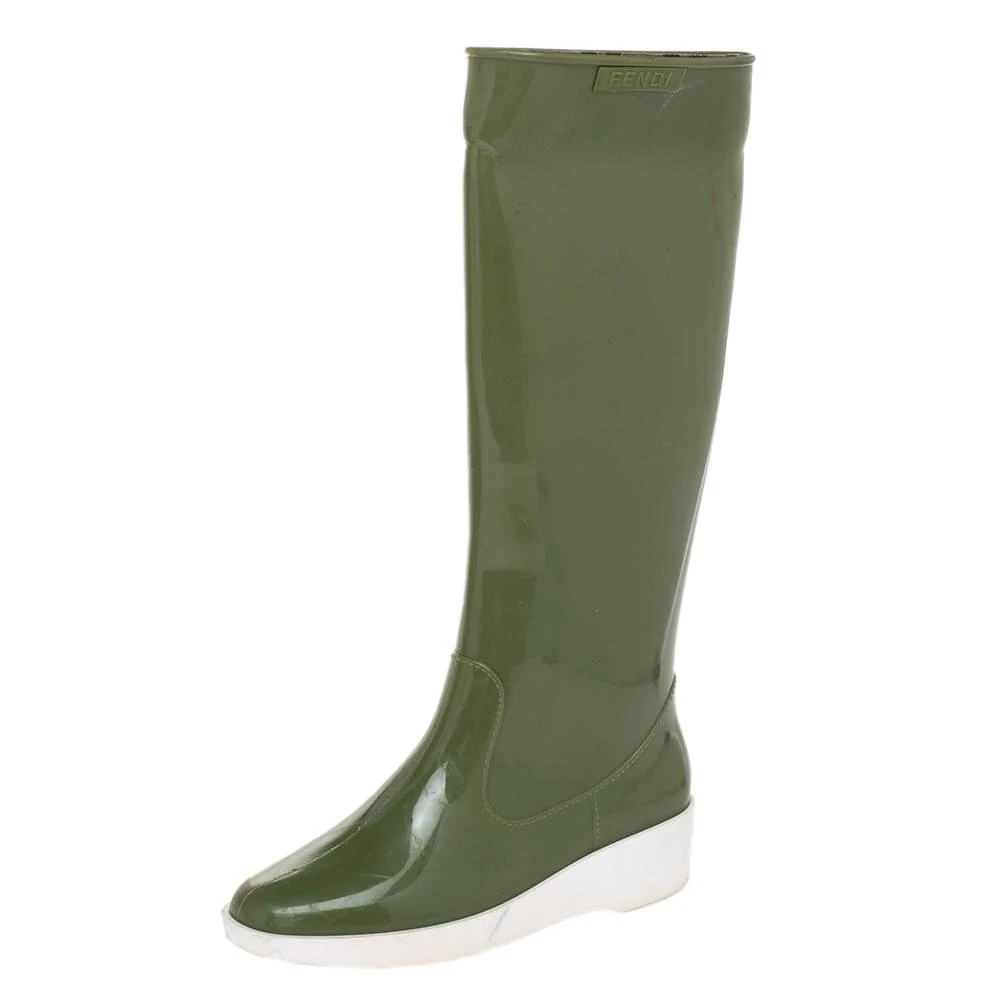 商品[二手商品] Fendi|Fendi Green Rubber Wedge Rain Boots Size 36,价格¥1256,第1张图片