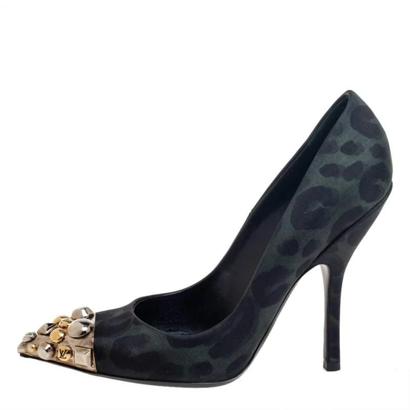 商品[二手商品] Louis Vuitton|Louis Vuitton Green/Black Leopard Print Fabric Bernice Studded Pumps Size 36,价格¥1519,第2张图片详细描述