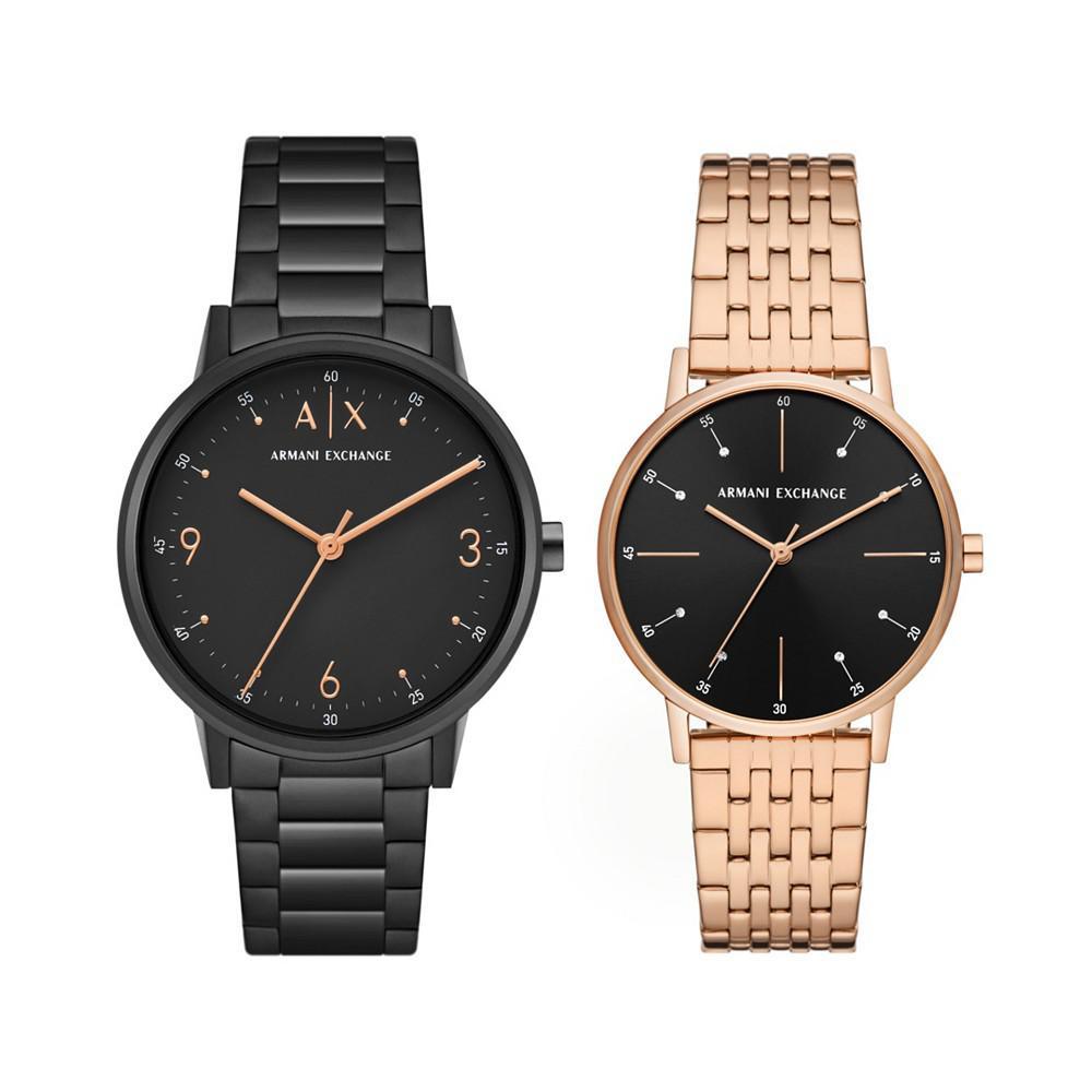 商品Armani Exchange|Women's Three-Hand Black, Black and Rose Gold-Tone Stainless Steel Bracelet Watch Gift Set, 42mm, 36mm,价格¥2244,第1张图片