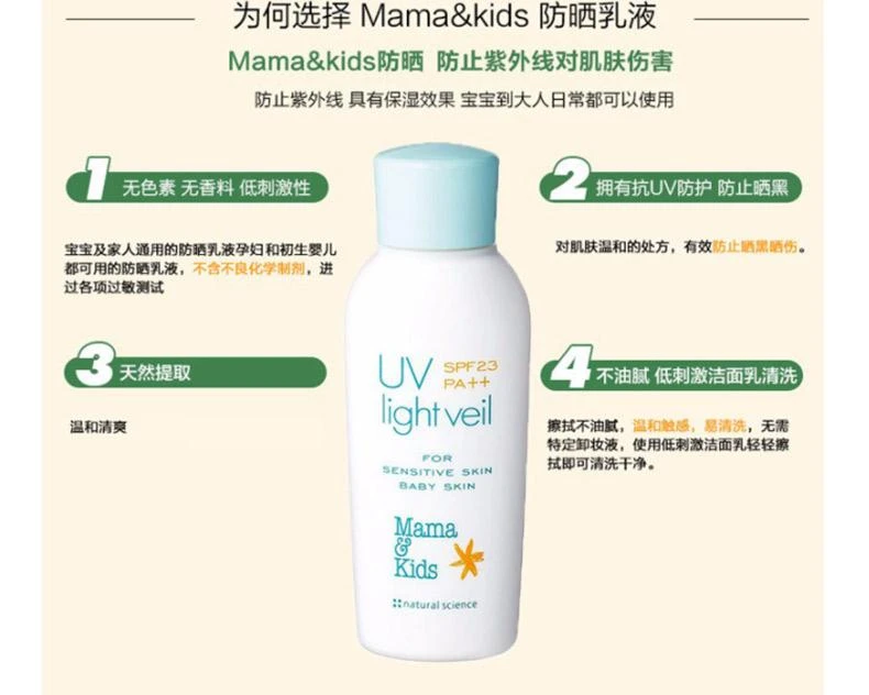 商品mama&kids|日本直邮MamaKids天然提取强效保湿清爽温和防晒SPF23PA++90ml,价格¥377,第3张图片详细描述