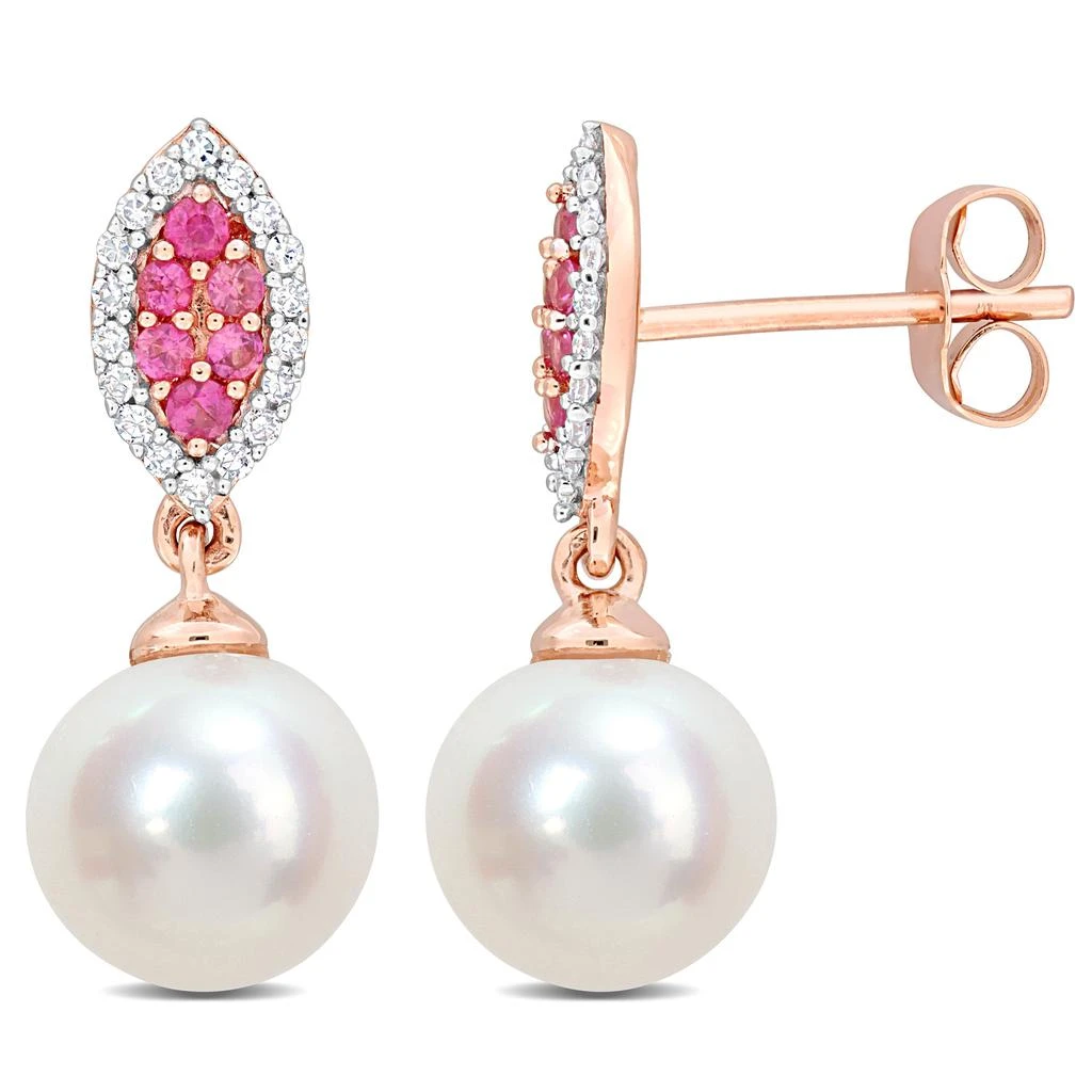 商品Mimi & Max|8mm Cultured Freshwater Pearl 1/7ct TDW Diamond & Pink Sapphire Marquise Earrings 14k Rose Gold,价格¥2782,第1张图片