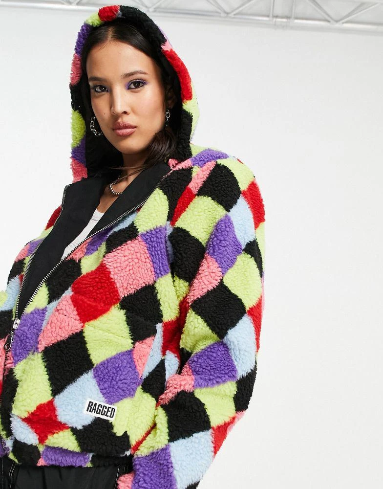 商品The Ragged Priest|The Ragged Priest hooded fleece jacket in rainbow diamond check,价格¥283,第2张图片详细描述