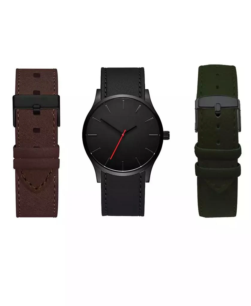 商品American Exchange|Men's Quartz Dial Black Leather Strap Watch, 42mm with Interchangeable Straps, Set of 3,价格¥192,第1张图片