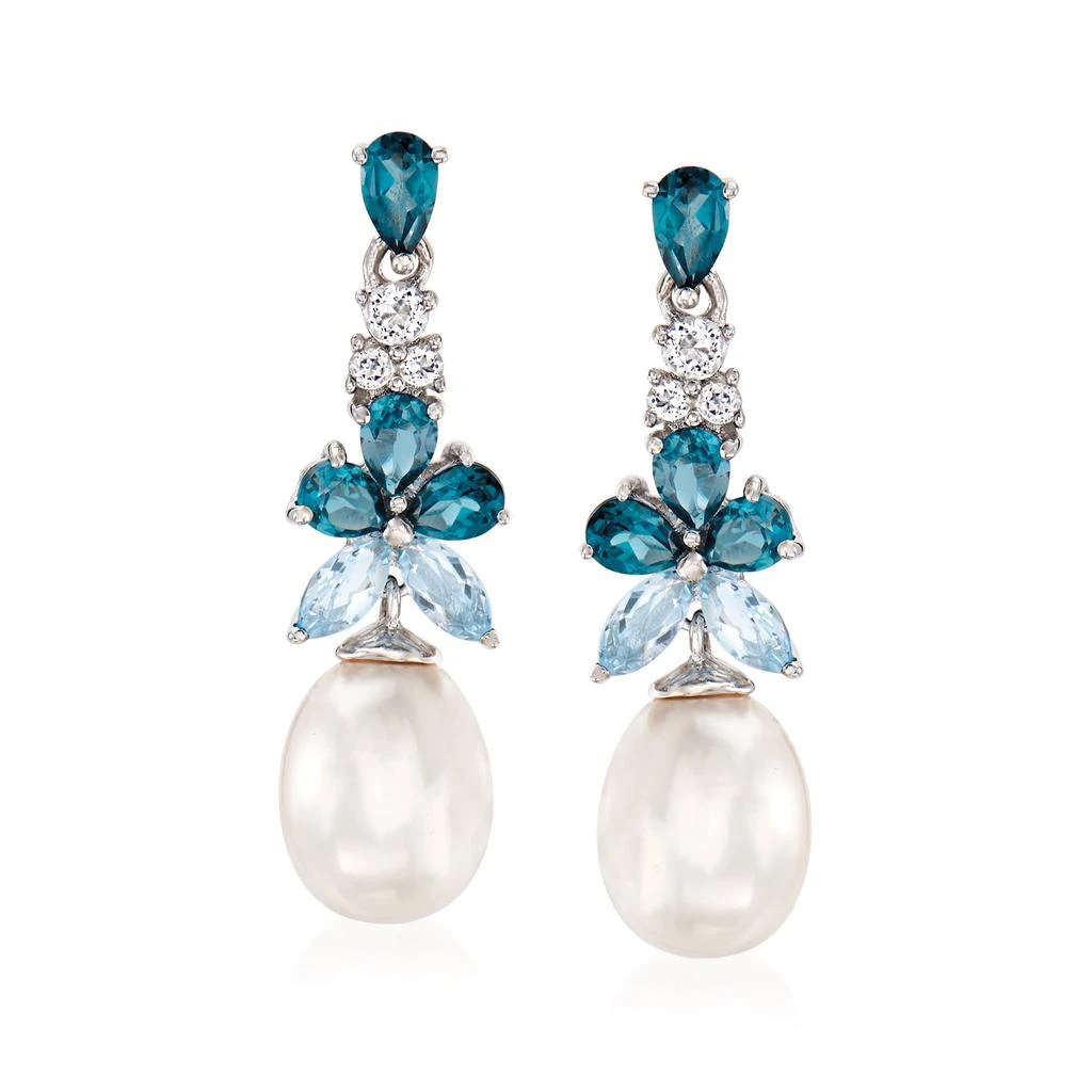 商品Ross-Simons|8.5-9mm Cultured Pearl and Blue and White Topaz Drop Earrings in Sterling Silver,价格¥1295,第1张图片