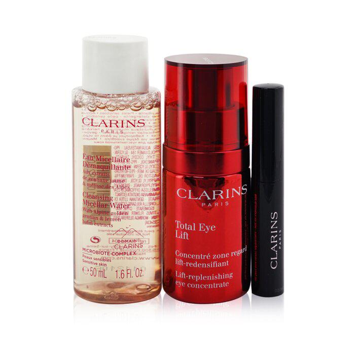 Clarins 眼部护理套装：提拉眼精华 15ml+ 洁颜卸妆水 50ml+ 4D立体睫毛膏 #01 3ml+ 包 3pcs+1bag商品第1张图片规格展示