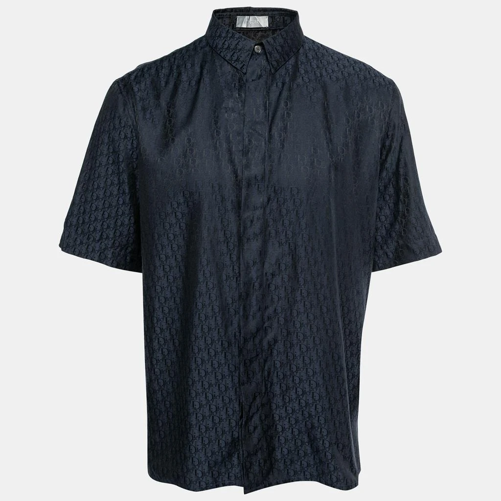 商品[二手商品] Dior|Dior Navy Blue Logo Jacquard Silk Button Front Short Sleeve Shirt L,价格¥7522,第1张图片