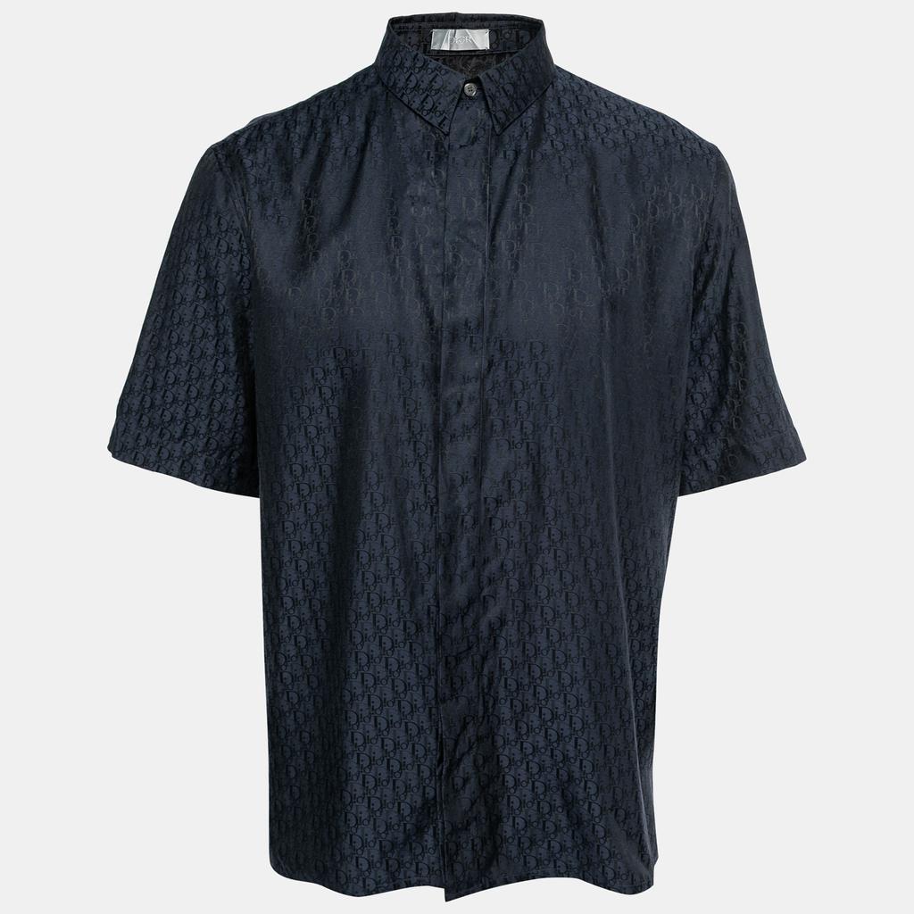 商品[二手商品] Dior|Dior Navy Blue Logo Jacquard Silk Button Front Short Sleeve Shirt L,价格¥7466,第1张图片