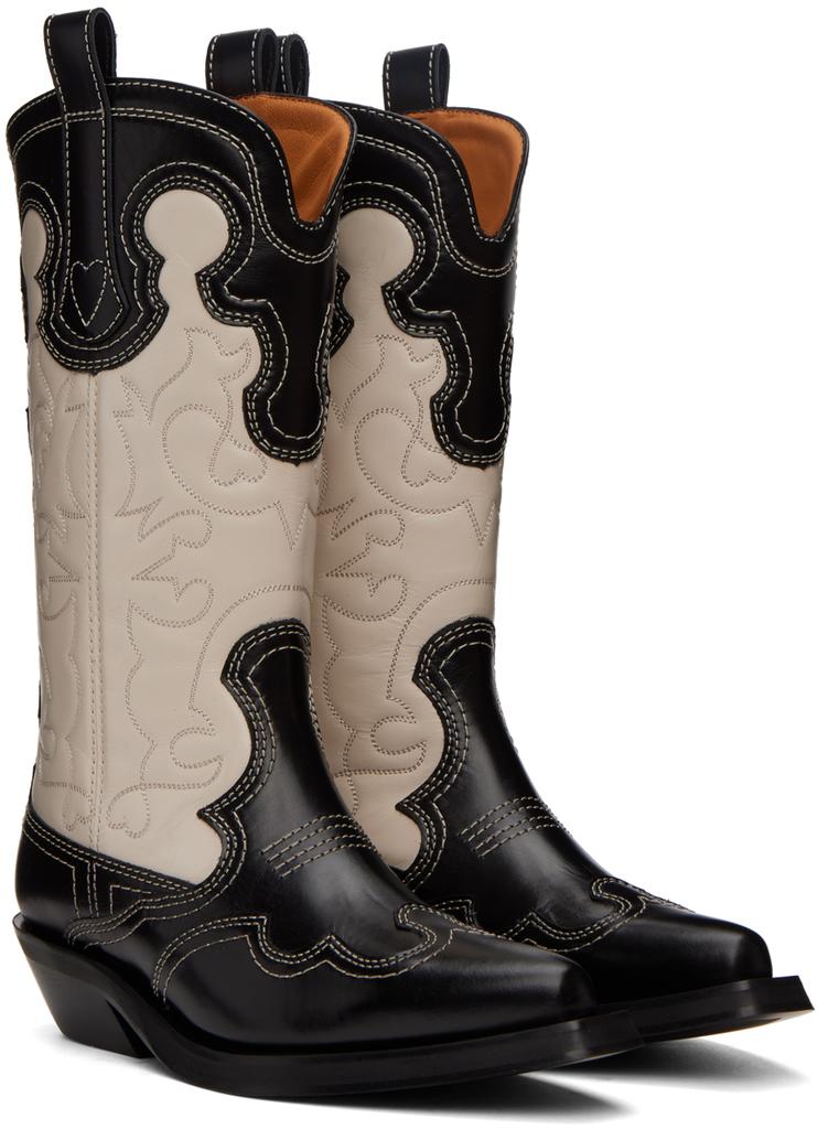 Black & Off-White Embroidered Western Mid-Calf Boots商品第4张图片规格展示