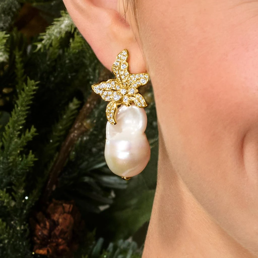 商品Ross-Simons|Ross-Simons Italian 13-18mm Baroque Pearl and CZ Flower Earrings in 18kt Gold Over Sterling,价格¥1260,第5张图片详细描述