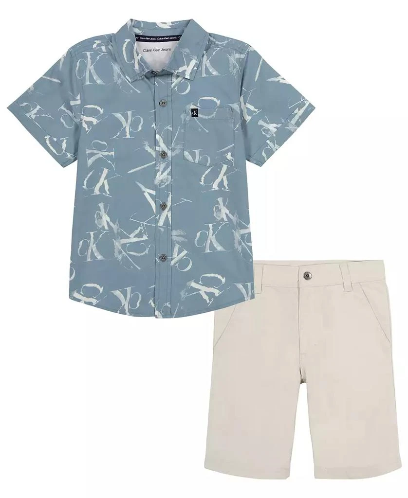 商品Calvin Klein|Toddler and Little Boy Plaid Poplin Button-Front Shirt Twill Shorts Set,价格¥118,第1张图片