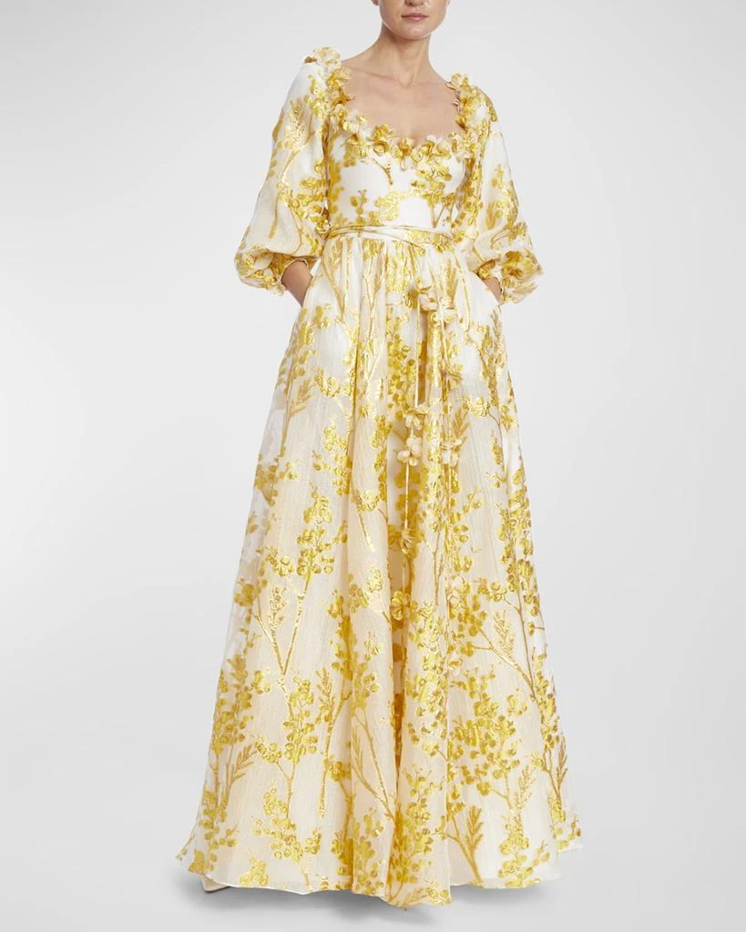 商品Badgley Mischka|Cutout Blouson-Sleeve Botanical Jacquard Gown,价格¥3002,第1张图片
