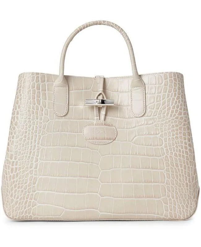 商品Longchamp|Longchamp Roseau Ivory Croc-Embossed Top-Handle Women's Tote Bag L1986924238,价格¥1840,第1张图片