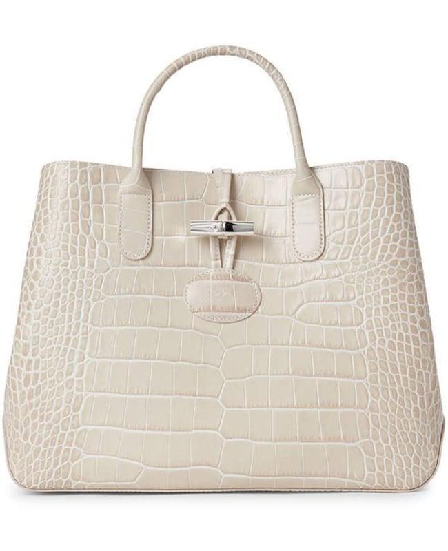 商品Longchamp|Longchamp Roseau Ivory Croc-Embossed Top-Handle Women's Tote Bag L1986924238,价格¥1641,第1张图片