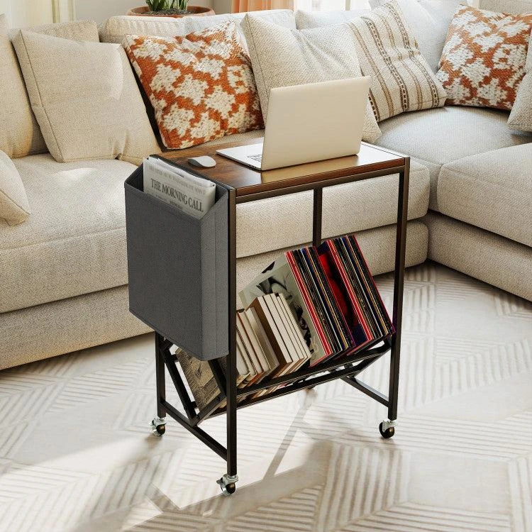 商品Hivvago|Rolling Record Player Stand 2-Tier with Vinyl Storage and Magazine Holder Bag,价格¥597,第3张图片详细描述