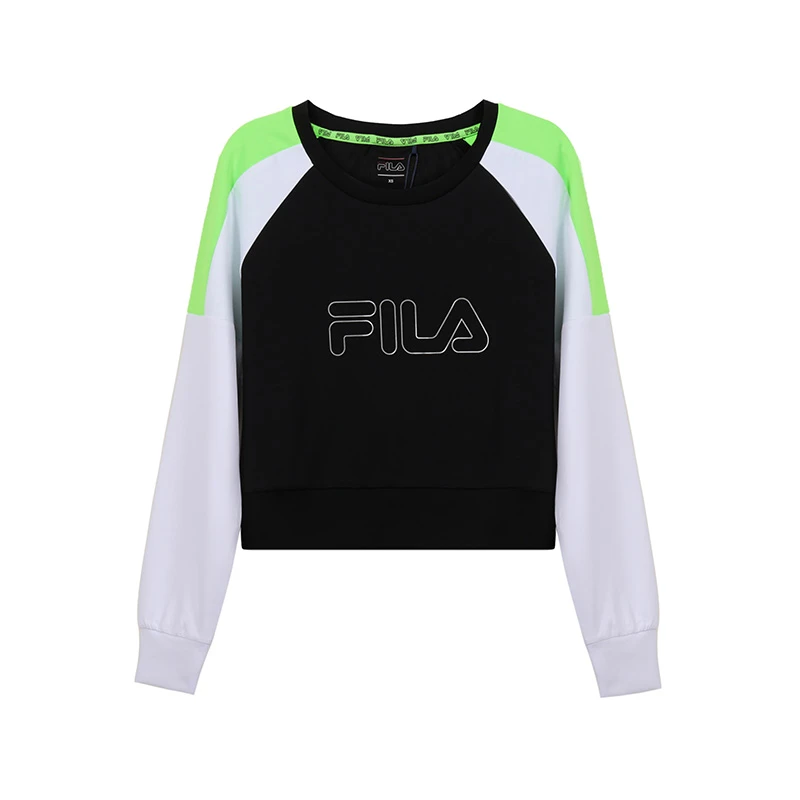 商品[国内直发] Fila|FILA 女士黑白绿拼色聚酯纤维短款圆领长袖卫衣 683143-A783,价格¥393,第1张图片