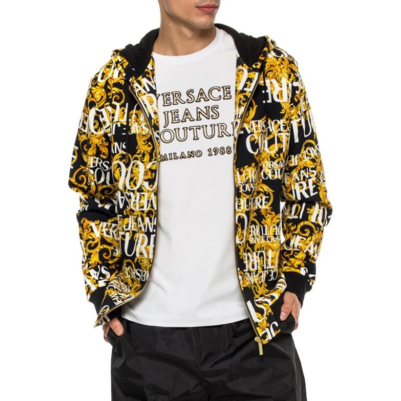 VERSACE JEANS 男士黑色棉质黄色印花薄绒拉链连帽 B7GUA7FA-SH600-899 商品