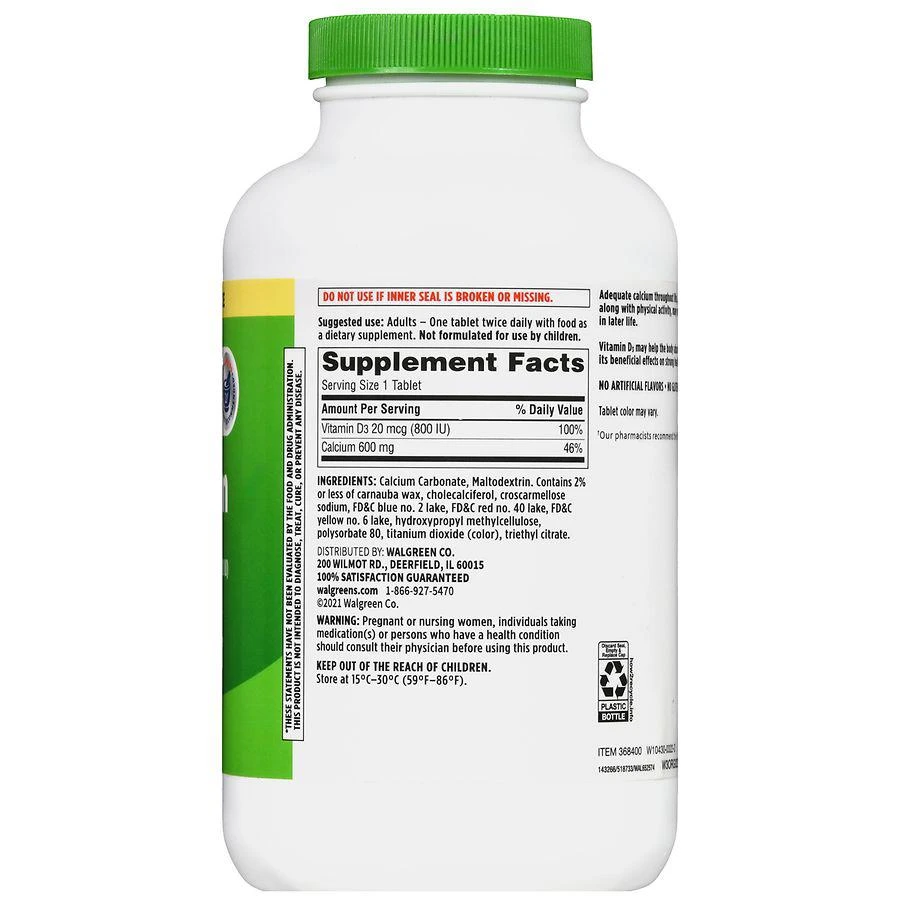 商品Walgreens|Calcium 600 mg + Vitamin D3 20 mcg (800 IU) Tablets,价格¥141,第3张图片详细描述