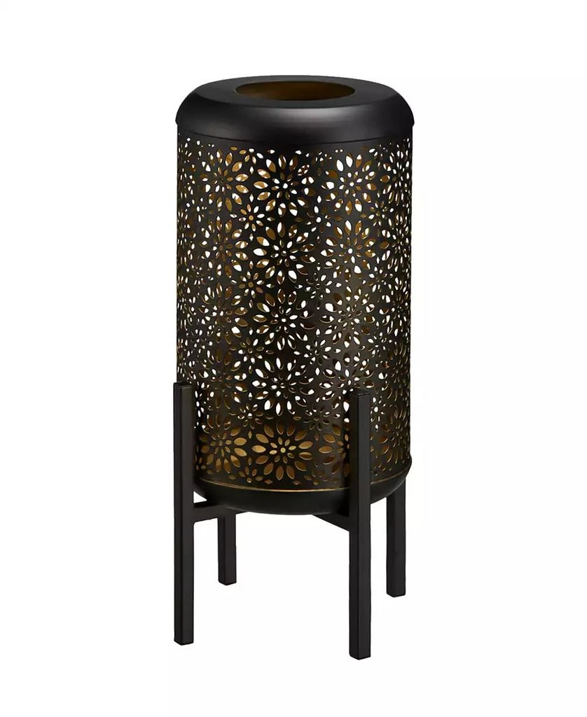 14.25" H Black and Gold-Tone Metal Cutout Flower Pattern Solar Powered LED Outdoor Lantern with Stand 商品