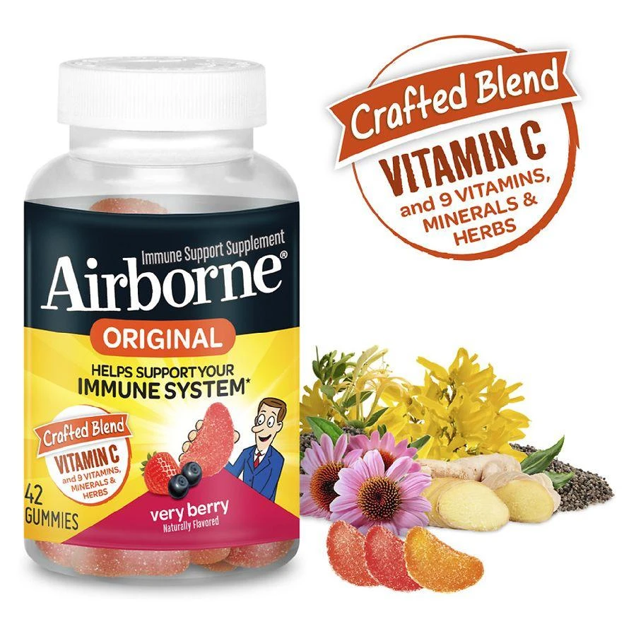 商品Airborne|Vitamin C, E, Zinc, Minerals & Herbs Immune Support Supplement Gummies Very Berry,价格¥160,第3张图片详细描述