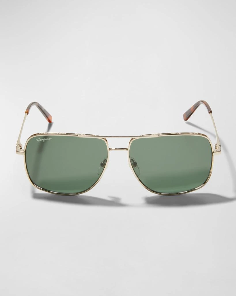 商品Salvatore Ferragamo|Men's Metal Gancini Rim Navigator Aviator Sunglasses,价格¥2889,第3张图片详细描述