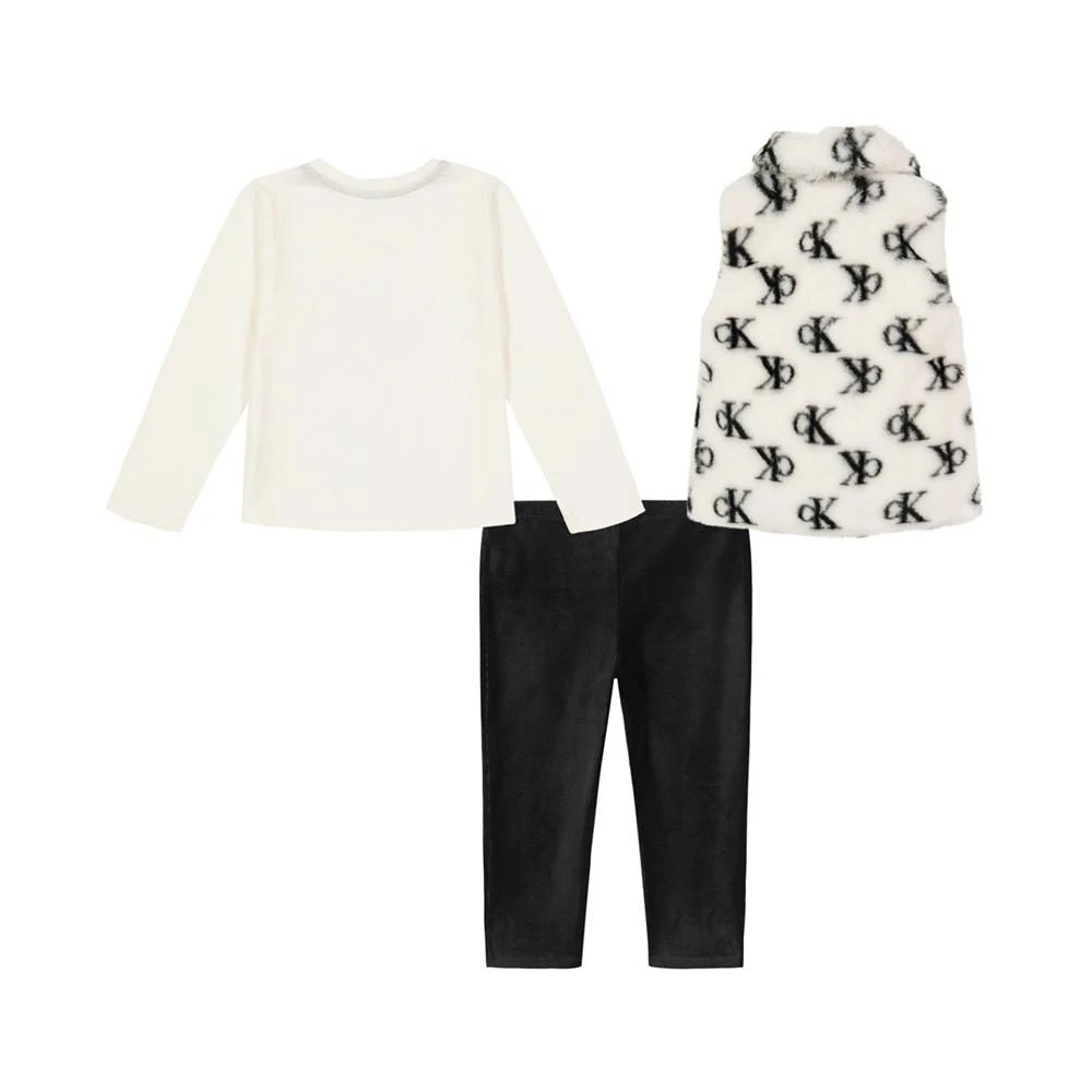 商品Calvin Klein|Little Girls Monogram Print Faux Fur Vest with Logo T-shirt and Velour Leggings, 3 Piece Set,价格¥134,第2张图片详细描述