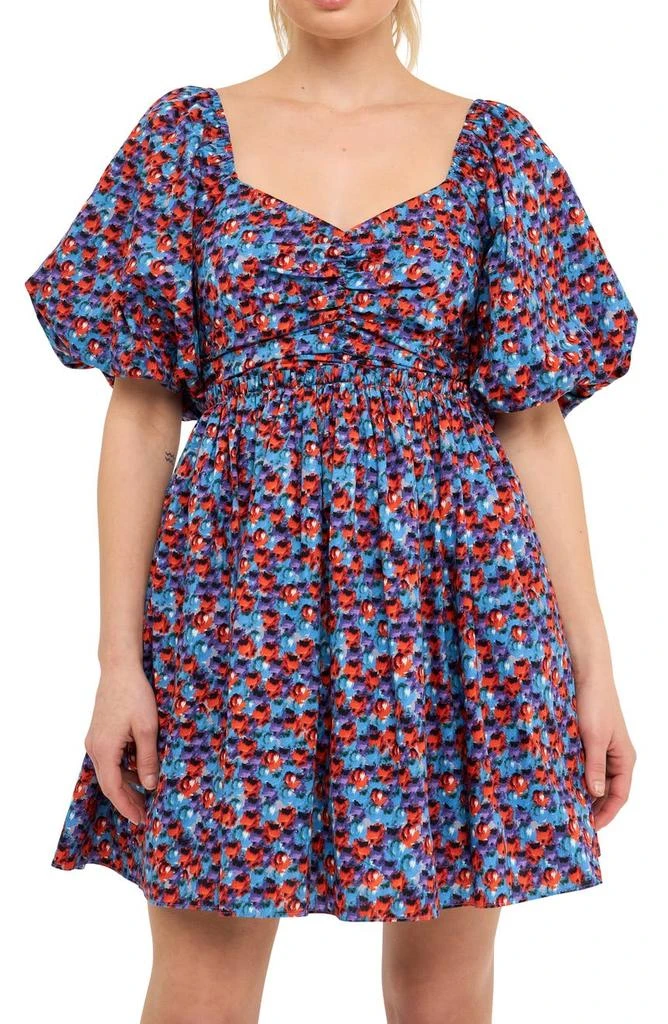 商品Endless Rose|Floral Print Ruched Puff Sleeve Cotton Poplin Babydoll Dress,价格¥188,第4张图片详细描述