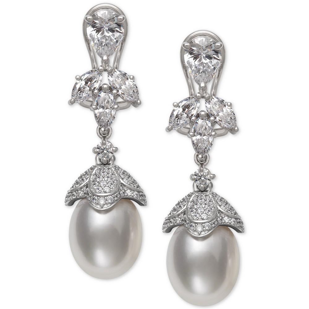 Cultured Freshwater Pearl (9-10mm) & Cubic Zirconia Drop Earrings in Sterling Silver, Created for Macy's商品第1张图片规格展示