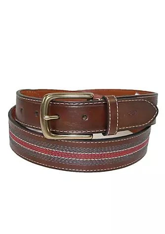 商品Tommy Hilfiger|Hilfiger Mens Leather Contrast Stitch Stripe Inlay Belt,价格¥225,第1张图片