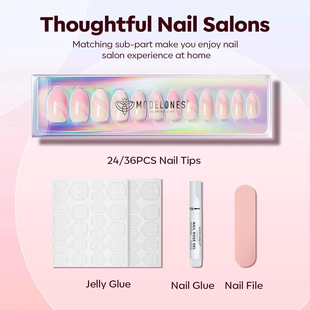 Pink Wave - 24 Fake Nails 12 Sizes Short Almond Press on Nails Kit 商品