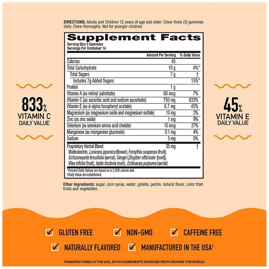 商品Airborne|Vitamin C, E, Zinc, Minerals & Herbs Immune Support Supplement Gummies Orange,价格¥160,第4张图片详细描述