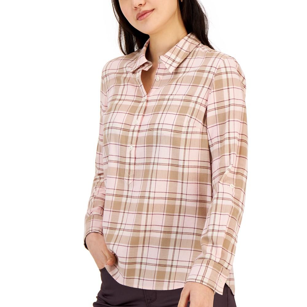 Women's Cotton Button-Popover Plaid-Print Shirt商品第1张图片规格展示