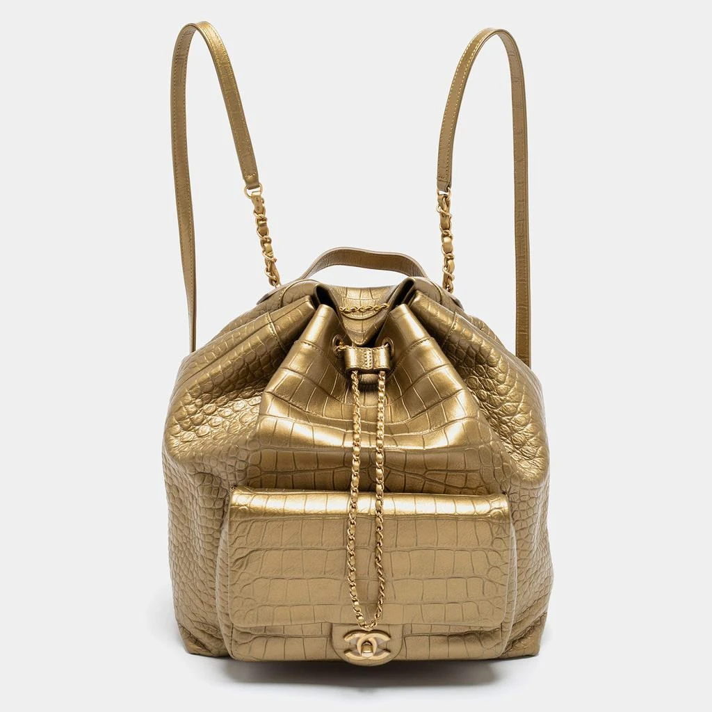 商品[二手商品] Chanel|Chanel Gold Croc Embossed Leather Drawstring Backpack,价格¥28000,第1张图片