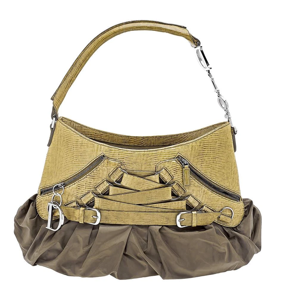 商品[二手商品] Dior|Dior Green Lizard Embossed Leather and Nylon Corset Hobo,价格¥2736,第1张图片