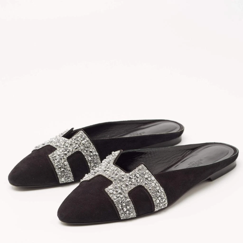 商品[二手商品] Hermes|Hermes Black/Silver Suede and Beads Roxane Flat Mules Size 37,价格¥4409,第2张图片详细描述