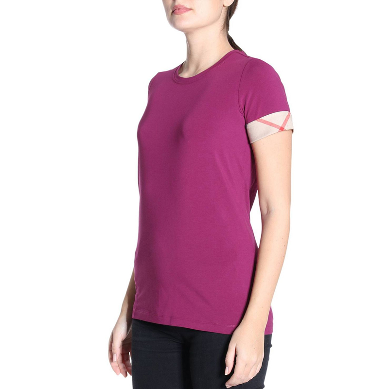 Burberry 博柏利 女士袖口格纹设计紫色棉质混纺短袖T恤 3968495商品第3张图片规格展示