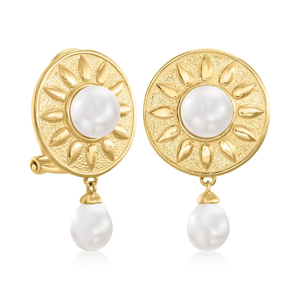 Ross-Simons 5.5-7.5mm Cultured Pearl Floral Drop Earrings in 18kt Gold Over Sterling商品第3张图片规格展示
