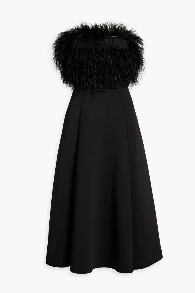 商品Badgley Mischka|Strapless belted faux feather-embellished scuba midi dress,价格¥2491,第1张图片