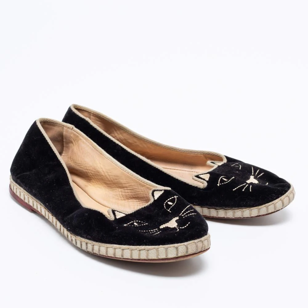 商品[二手商品] Charlotte Olympia|Charlotte Olympia Black Velvet Kitty Slip On Flats Size 38,价格¥1215,第4张图片详细描述