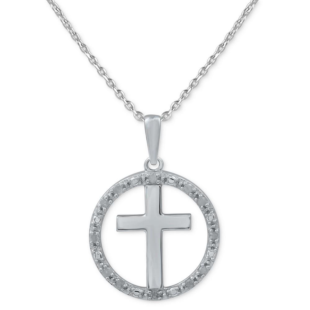 商品Macy's|Diamond Halo Cross 18" Pendant Necklace (1/10 ct. t.w.) in Sterling Silver,价格¥466,第1张图片