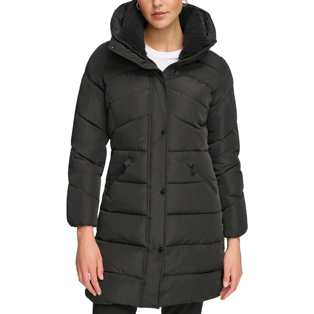 商品Calvin Klein|Women's Petite Faux-Sherpa Collar Hooded Stretch Puffer Coat, Created for Macy's,价格¥2305,第1张图片