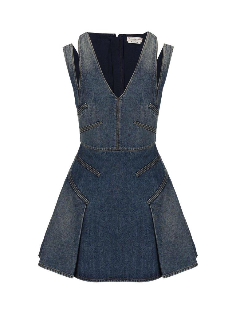 Alexander McQueen V-neck Pleated Denim Mini Dress商品第1张图片规格展示